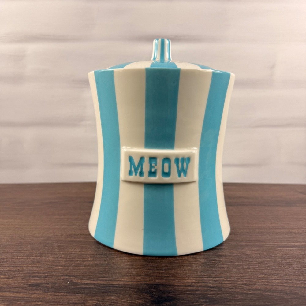 Jonathan Adler Vice MEOW Canister Blue White Striped Porcelain Lidded Jar